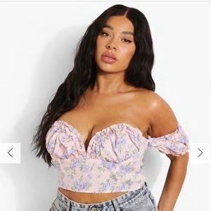 Boohoo floral ruffle corset off shoulder top, brand new with tags, size 20